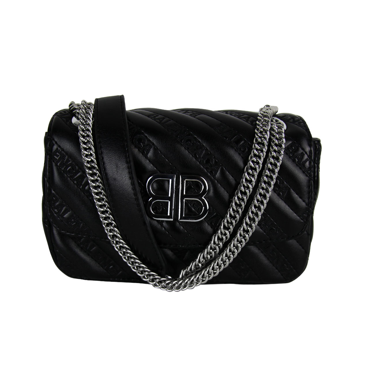 Small black bag with silver chain on sale